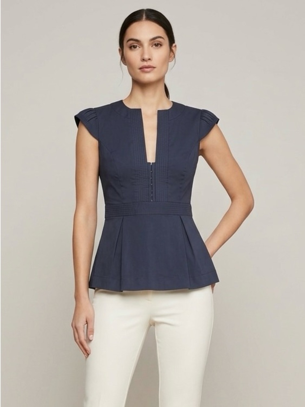 BCBGMAXAZRIA Navy Blue Stretch Cotton Cap Sleeve Hook & Eye Blouse Size S